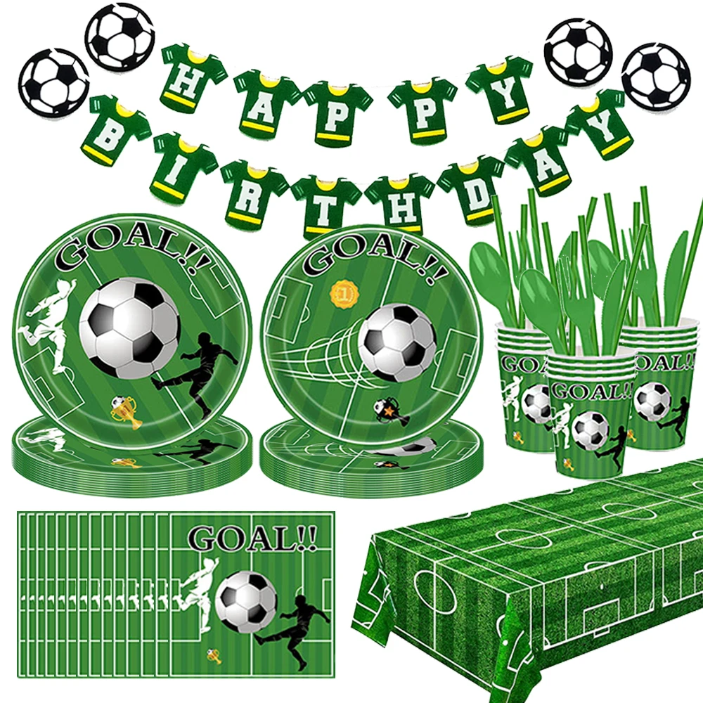 【セール中】グリーンサッカーテーマ使い捨て食器紙皿カップナプキンバナーボーイズサッカー誕生日パーティーの装飾用品