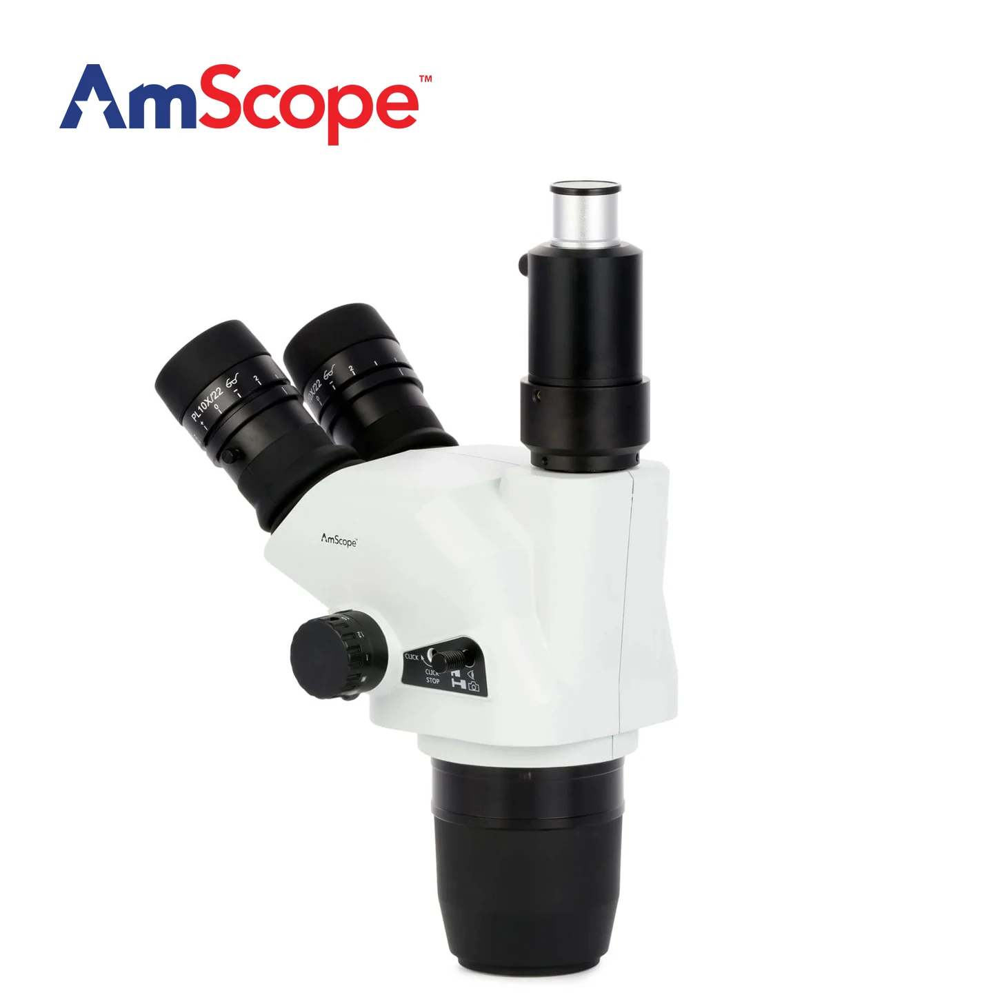 AmScope SZN Series Trinocular Zoom Stereo Microscope Head w/ Shutter Pin, Magnification Lock, & Click Stop Adjustmen