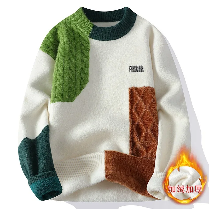 Youth Knitted Sweaters Man Patchwork Loose Streetwear Tops High Quality Casual O Neck Warm Winter Knitting Plullovers in Velvets