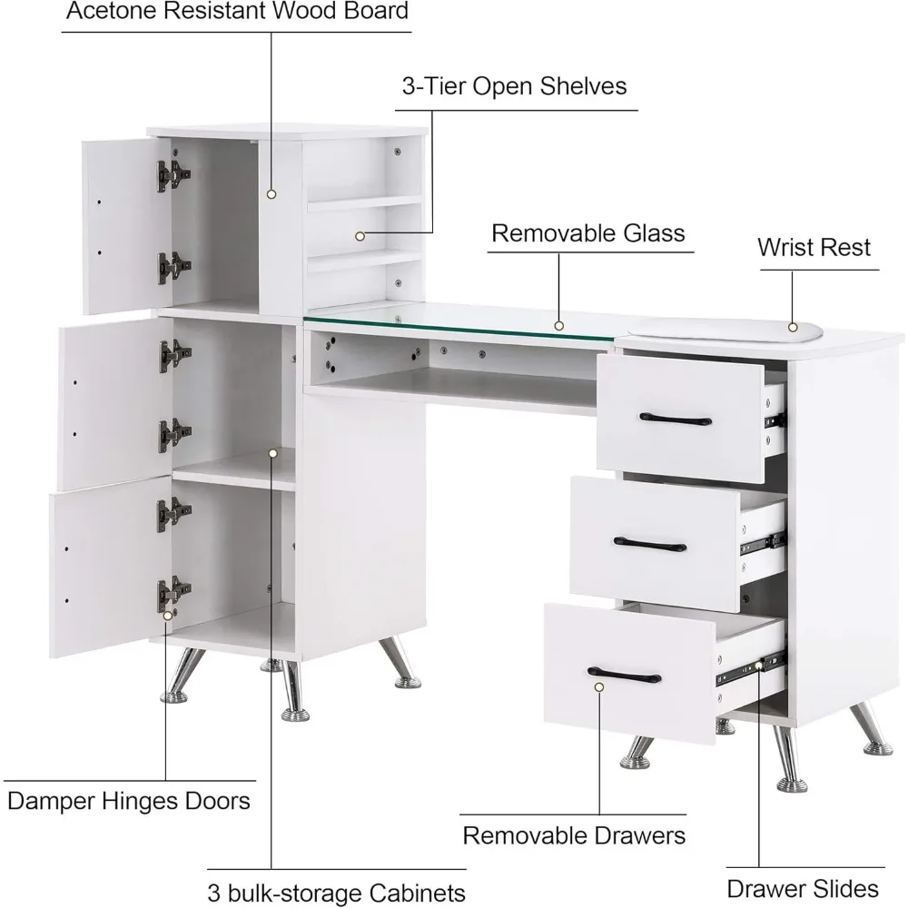 Table de manucure avec égouts de proximité, bureau de maquillage des ongles, poste de travail de salon de beauté, rangement spacieux, capacité de 2611 (blanc)