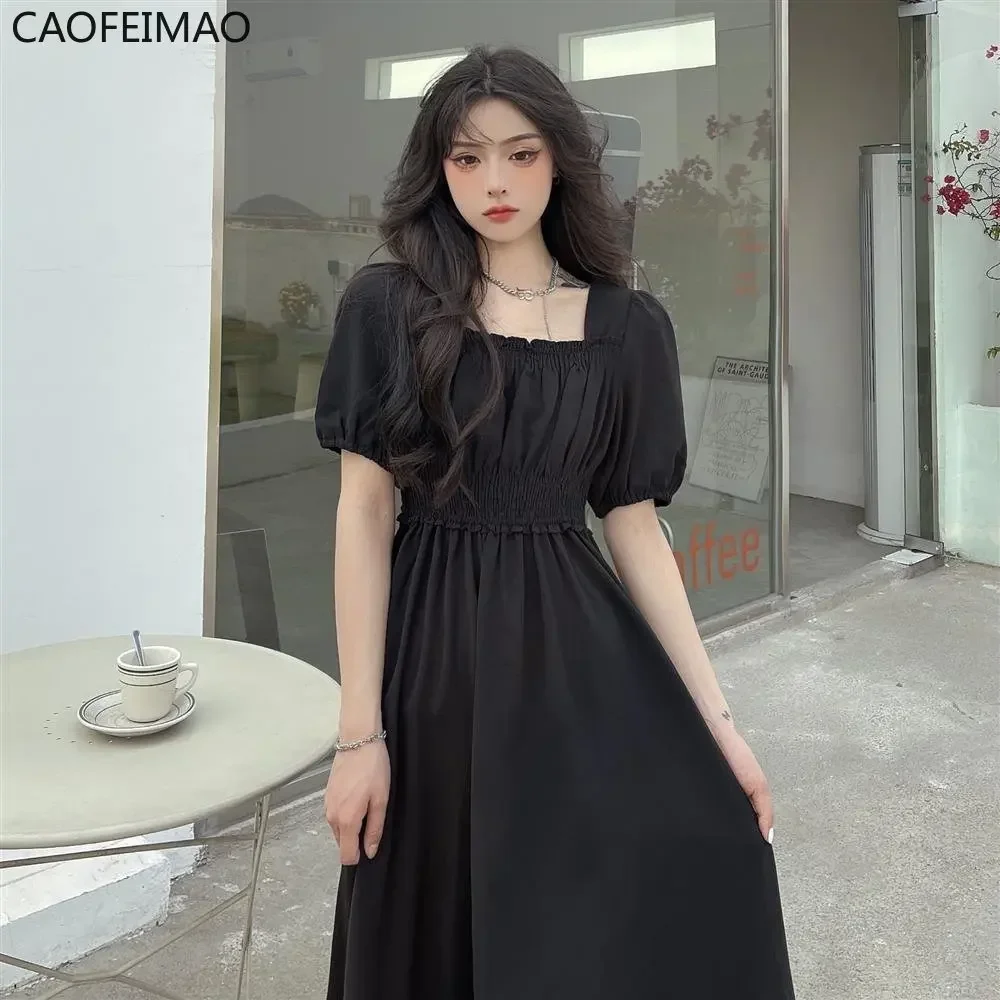 

First Love Dress 2025 Hot Summer Hepburn Style French style Retro Square Collar Black Dress Waist Hugging Long dress