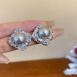Fashionable Pearl Square Stud Earrings Women's Shiny Rhinestone Geometrics Earrings For Office Party Jewelry Accessories Gifts