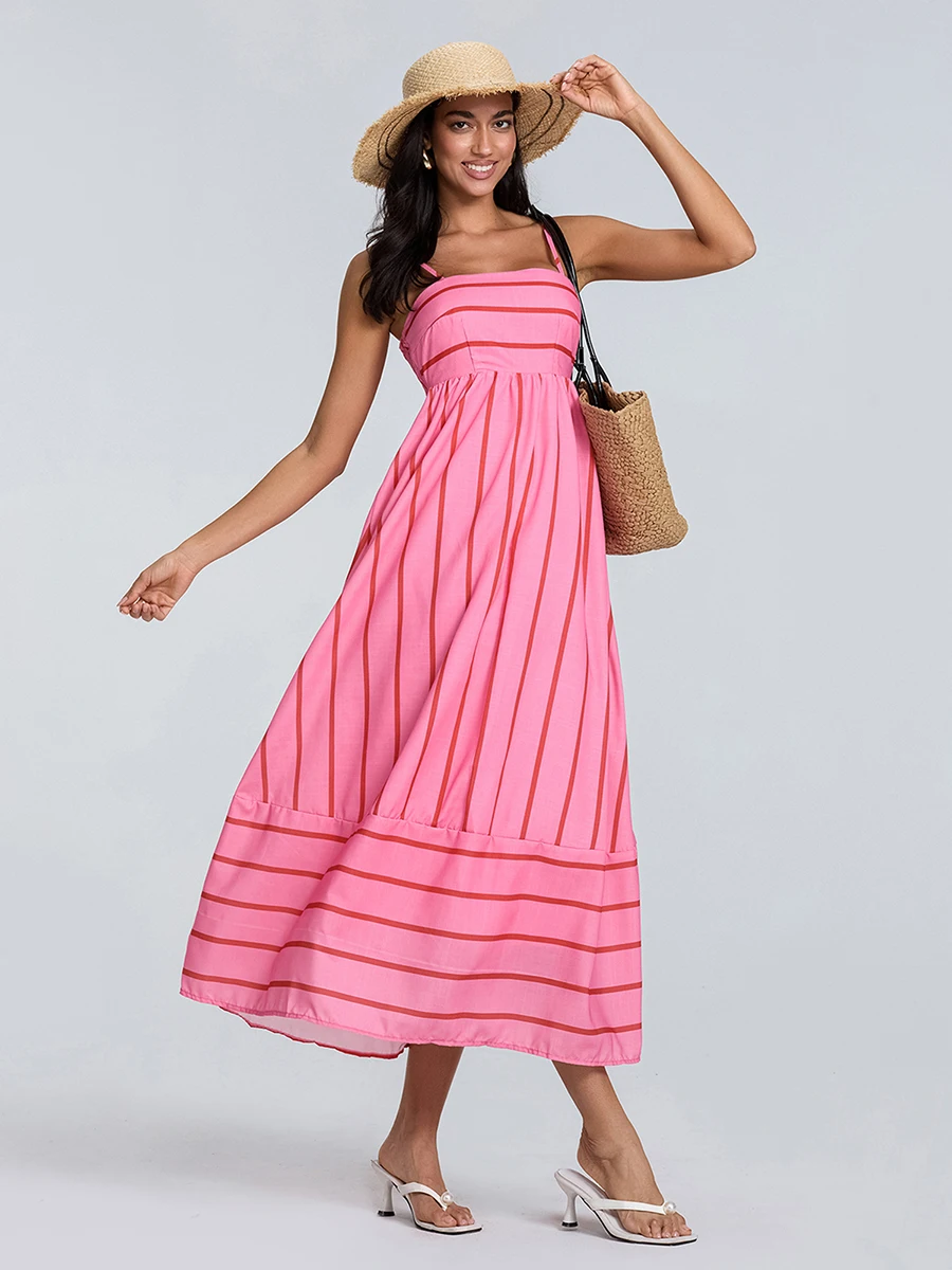 

Women Elegant Long Beach Dress Summer Sleeveless Spaghetti Strap Stripes Print A-line Flowy Midi Slip Dresses Vacation Sundress