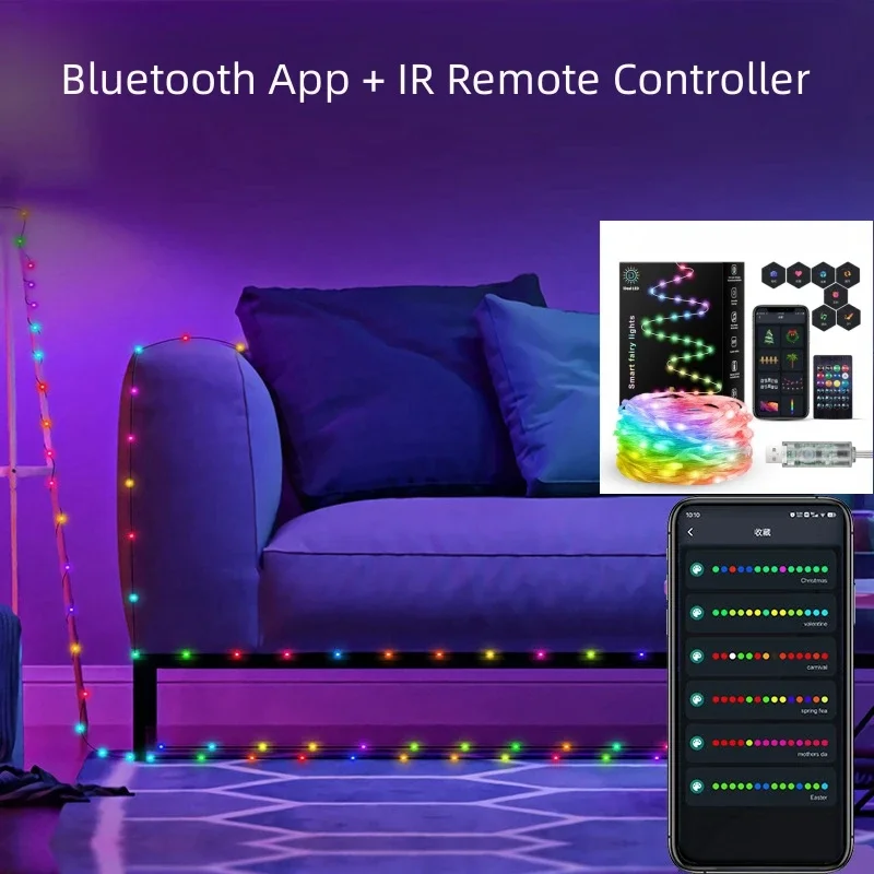 Dreamcolor LED String Lights para decoração de quarto, Bluetooth Música Rainbow Fairy Lights, Natal RGB, DC 5V, WS2812B, 5 m, 10 m, 20m