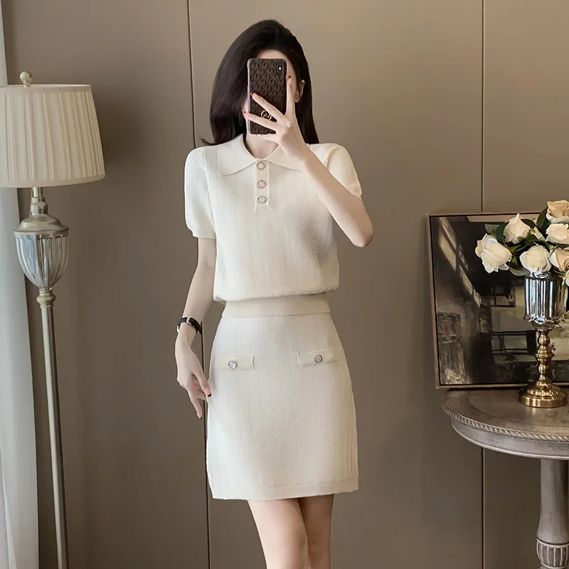 Thirteen Line Clothing 2024 Summer New Fashion Casual Suit Women's Ice Silk Short Sleeved Knitted Two-Piece Set Skirt