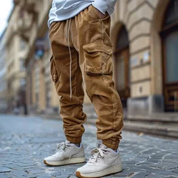 Vintage Solid Color Multi Pockets Corduroy Cargo Pants Mens Winter Casual Trend Drawstring Sports Pants Streetwear Men 2025