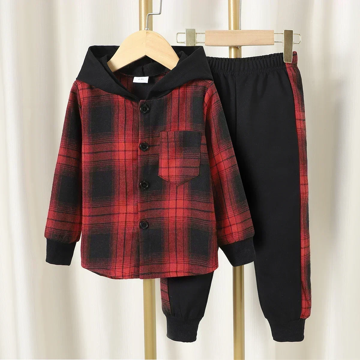 2024 Autumn Children\'s Clothing Set Kids Boy Outfit 3-7Y Long Sleeve Checker Contrast Hoodie Casual Baby Boys Suit