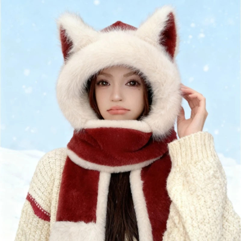 

Женская красная плюшевая шапка, шарф, зимние грелки для ушей для езды на велосипеде, катания на лыжах, на открытом воздухе, в холодной погоду