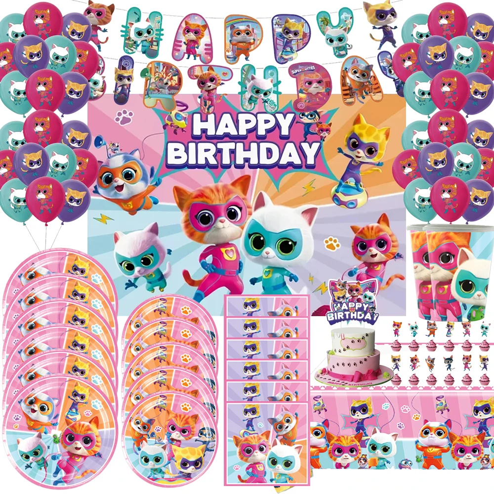 Cartoon Superkitties Birthday Party Decoration Disposable Tableware Set Paper Plates Banner Balloons for Kids Baby Shower Supply