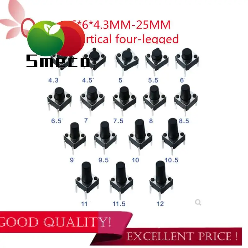 20pcs 6x6mm Panel PCB Momentary Tactile Tact Mini Push Button Switch DIP 4pin 6x6x4.3/5/6/7.3-25 MM 6*6*4.3MM/ 5/ 6/ 7/ 8 - 25MM