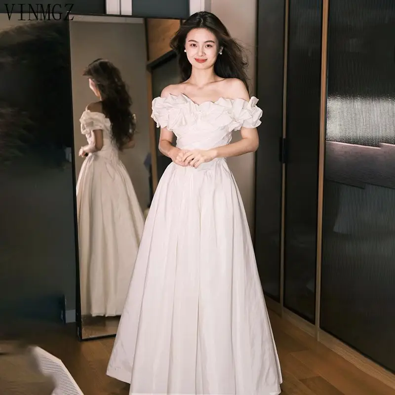 

French shoulder white evening 2025 new light wedding banquet princess sleeveless long dress