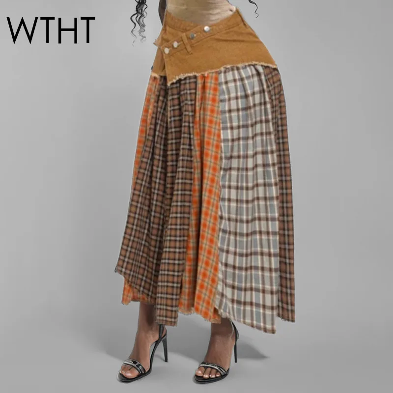 WTHT Trendy Fashion Women's Patchwork Plaid Cross Buttons Design Long Skirts 2025 Spring High Waist A-line Skirt Female 1LS691
