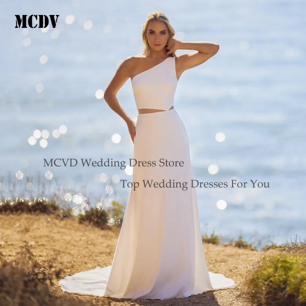 

MCDV lvory Satin Wedding Dresses One Shoulder A-Line Sexy Bridal Gowns Elegant Sweap Train Women White Bride Dresses Customized