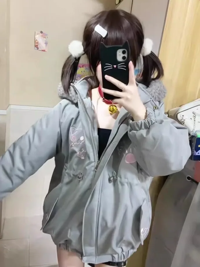 Japanese Girls Kawaii 2D Cute Embroidered Hooded Down Parka Winter New 2025 Subculture Y2K Warm Thickened Short Parka Coat