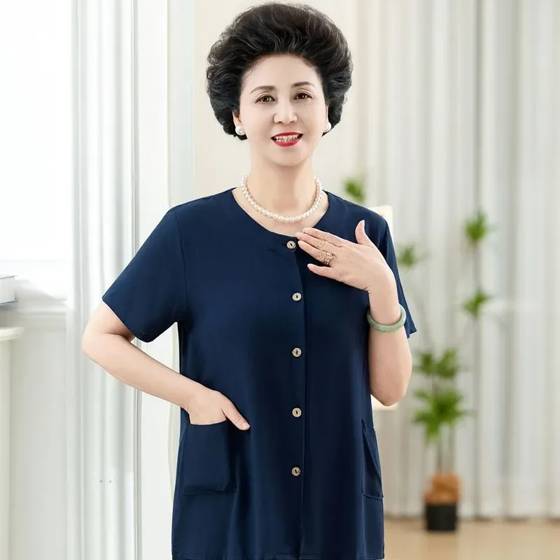 Elderly Women Round Neck Short Sleeve Blouse Button Pocket Loose Casual Senior Daily Tops