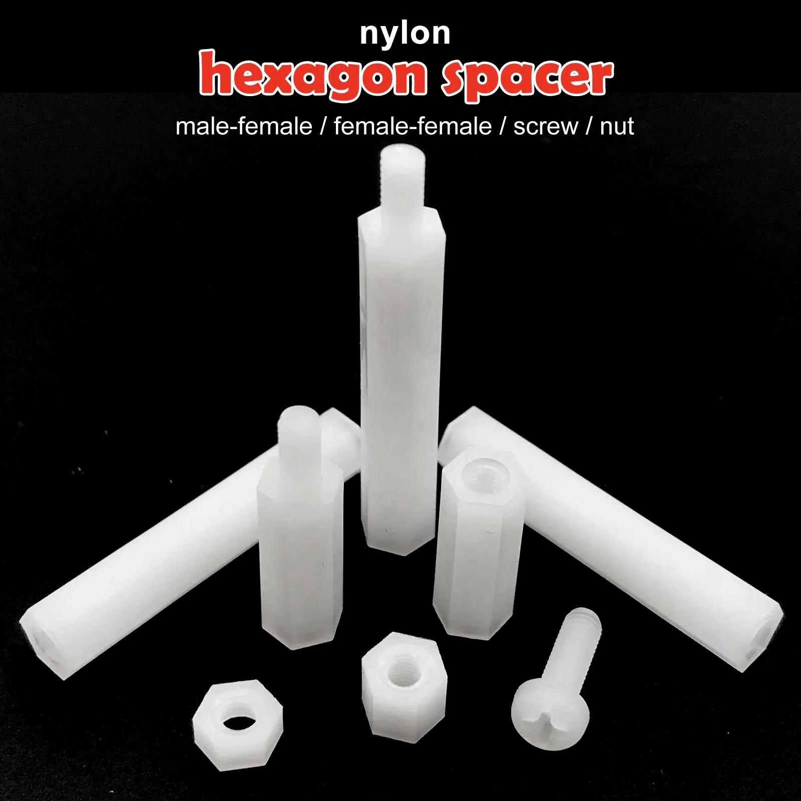HZYUEGOU 50 Stück weiße Kunststoff-Nylon-Abstandshalter M3x5/6/8/10/12/15/20/30+6mm, Sechskant-Säulen-Abstandshalter, männlich-weiblich/weiblich, Abstandsschraube – Detail 1