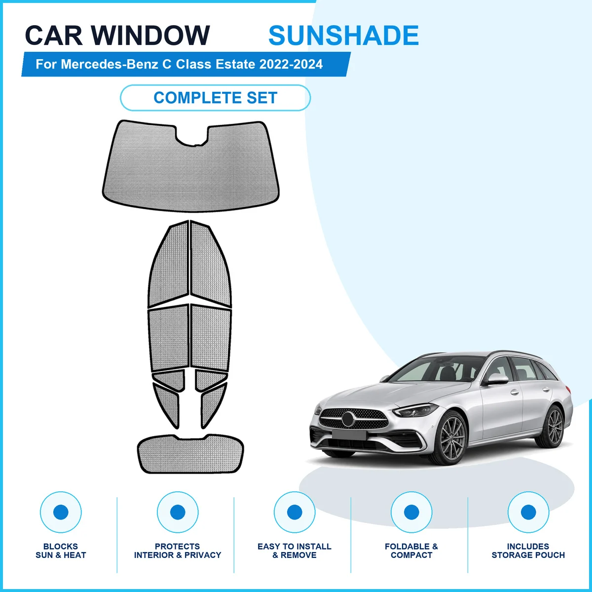 For Mercedes-Benz C Class Estate 2022-2024 Custom Full Set Window Sunshades Aluminum Foil Suction Cup Anti UV Privacy