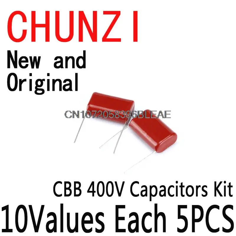 50PCS=10Value*5PCS Metallized Polyester Film Capacitors CBB Assortment Kit 400V 10nF ~ 3.3UF