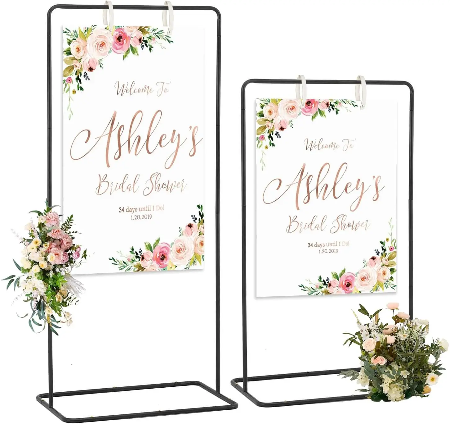 Soporte de letrero de boda dorado, ajustable, bienvenido a nuestro soporte de letrero de boda con 4 correas colgantes de letrero de cuero, soporte para tabla de asientos, 2 uds.