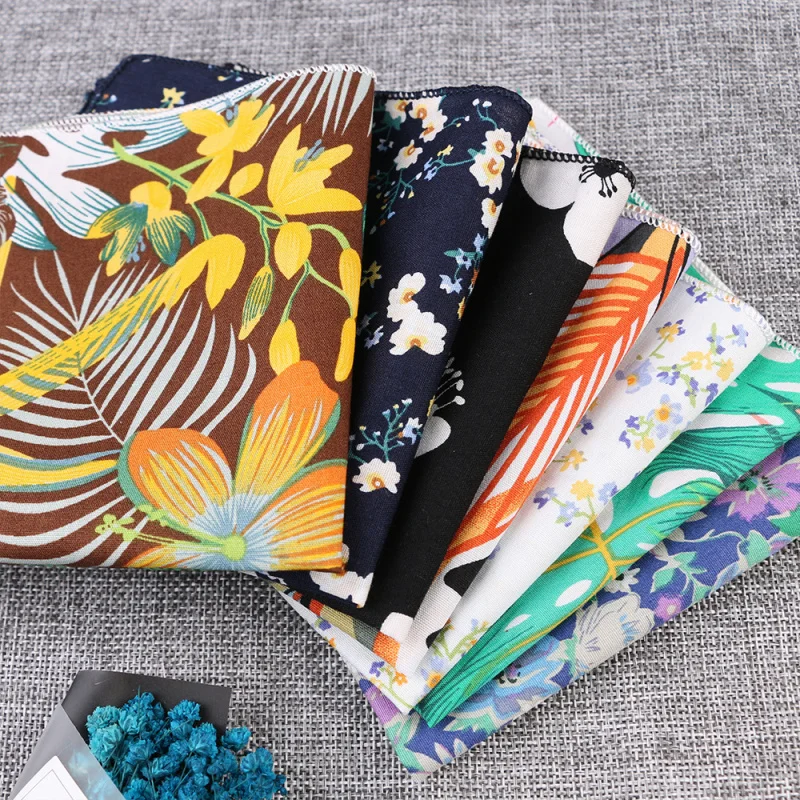 Men's Floral Print Cotton Pocket Square Handkerchief Trendy Suit Formal Accessories Square Scarf Casual Fashion