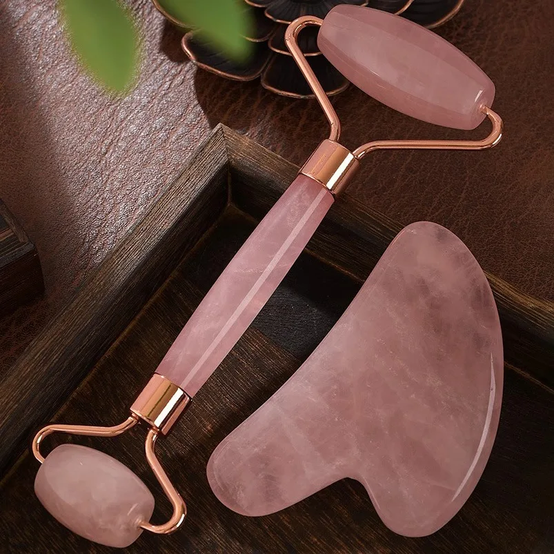 Rose Quartz Face Roller Gua Sha Massager Kit Crystal Stone Guasha Facial Beauty Tool Scraping Board Set view 2
