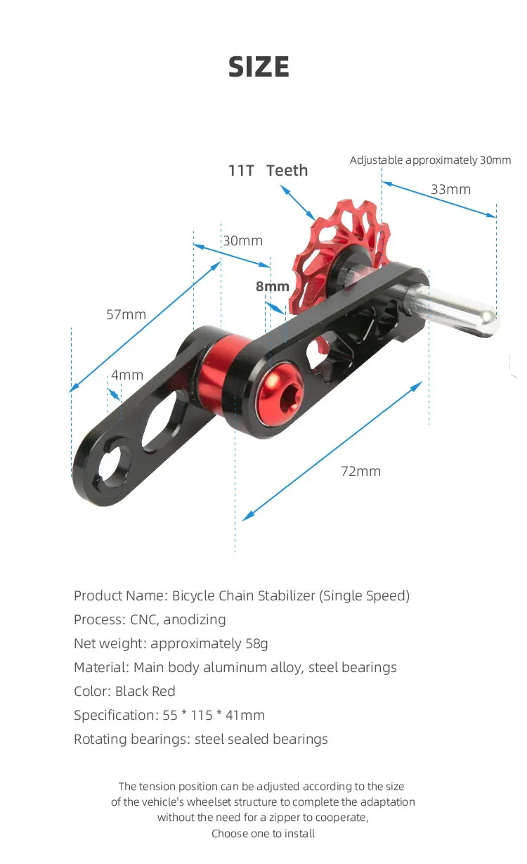 Für Singlespeed-Spannrolle, Fahrradkette, Aluminiumlegierungs-Führungsrolle, Kettenblattspreizer, Hinteres Schaltwerk, Reißverschluss – Detail 4