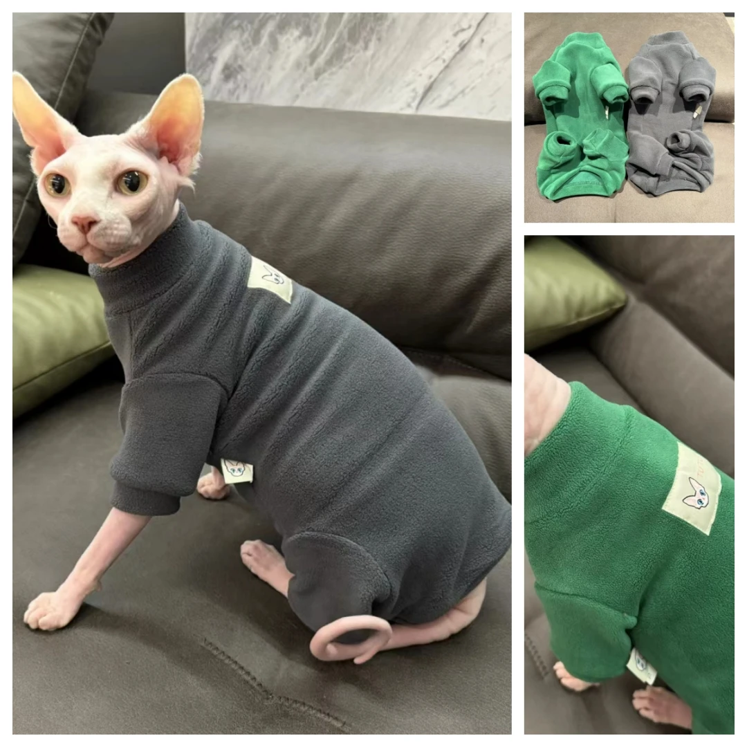 Sphynx Cat Clothes Winter thick Fleece Coat Thick Grey Elestic Jumpsuit for Kittens Long sleeves Sweatshirt for Male Female Cat