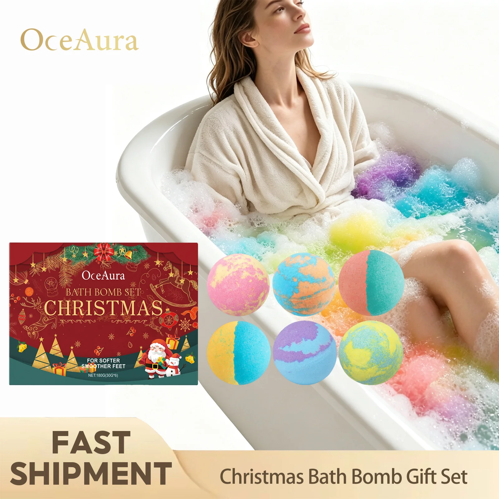 Christmas Bath Bomb Gift Set Colorful Bubbles Gentle Cleansing Mild Formula Long Lasting Fragrance Home Spa Bath Balls 6pcs