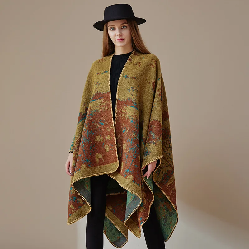 

Women Color Block Wraps Autumn Warm Faux Cashmere Loose Split Poncho Cape Long Out Streetwear Cloak Printed Plaid Shawl Blanket