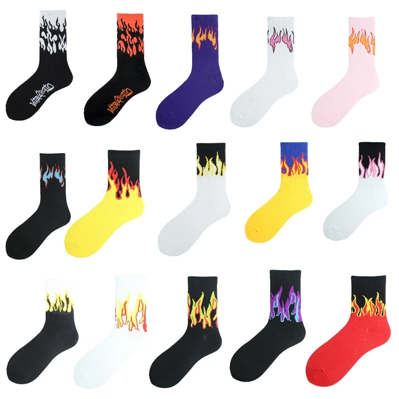 Japanese Harajuku Women Men Flame Print Crew Socks Hip Hop Contrast Color Ribbed Casual Sports Street Skateboard Mid Tube Anklet