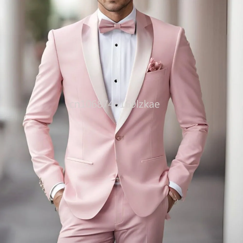 

High Quality Pink Men Suits Elegant Wedding Groomsmen 2 Piece Jacket Pants Outfits Customized Male Clothing Costume Homme Terno