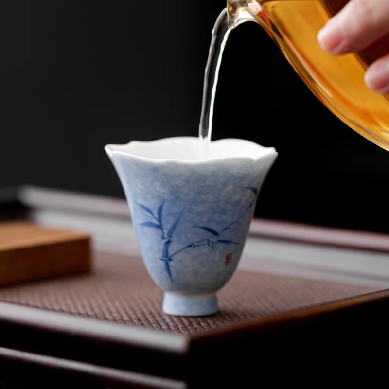 

Pure Hand Drawing Bamboo Petals Fragrance-Smelling Cup Household Ceramic Single High Foot Tea Kung Fu Set