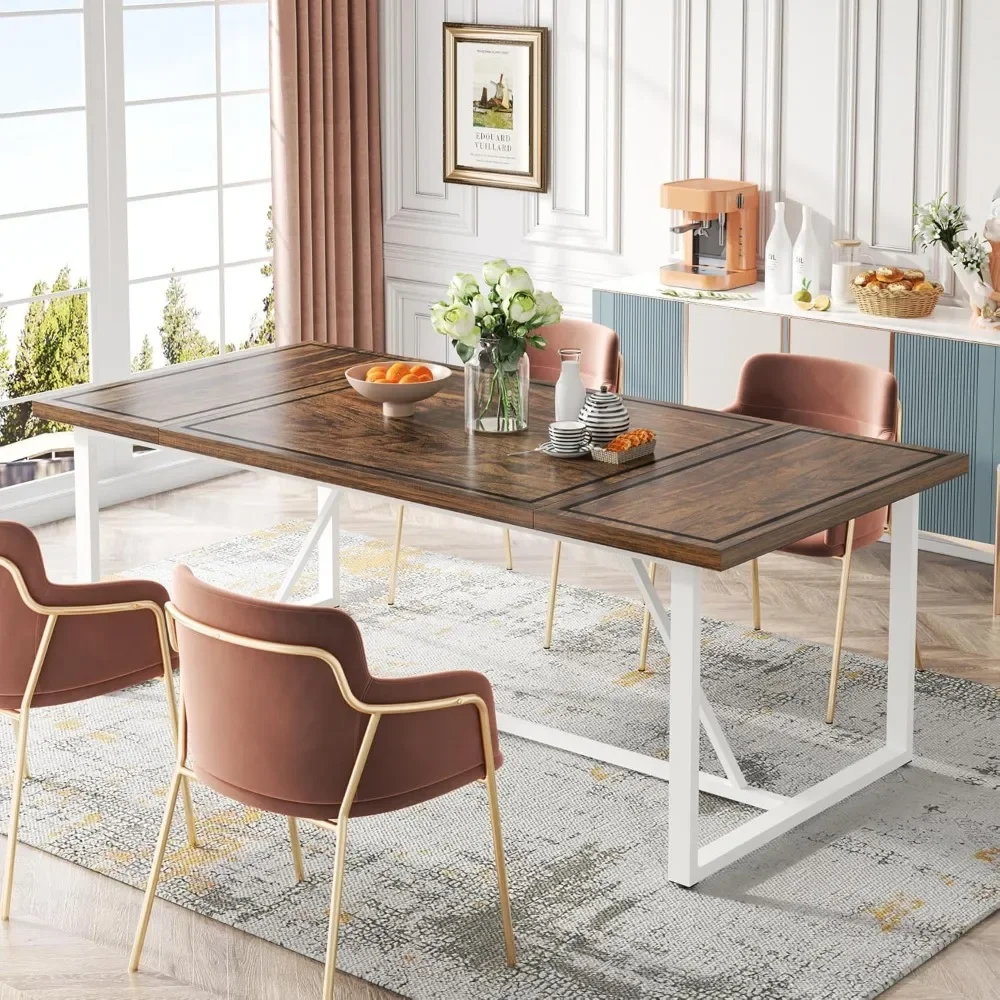 Mesa de jantar de 70,9 polegadas para 6 a 8, mesa de cozinha moderna, mesa de jantar retangular com base de metal branco