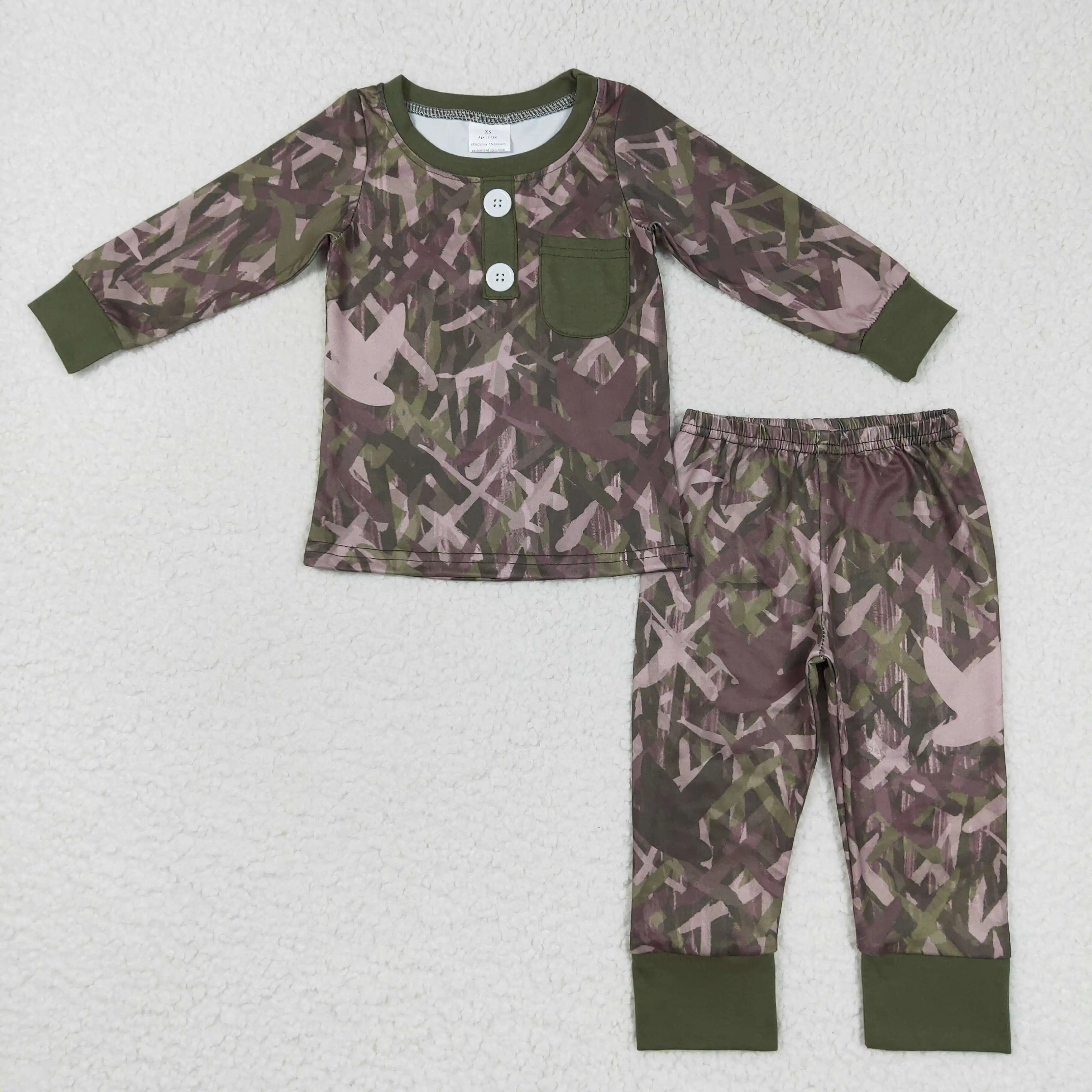 

Toddler Arrival Autumn Fashionable Baby Boy Camouflage Pocket Green Pajamas Long Sleeve Suit Wholesale Boutique Set