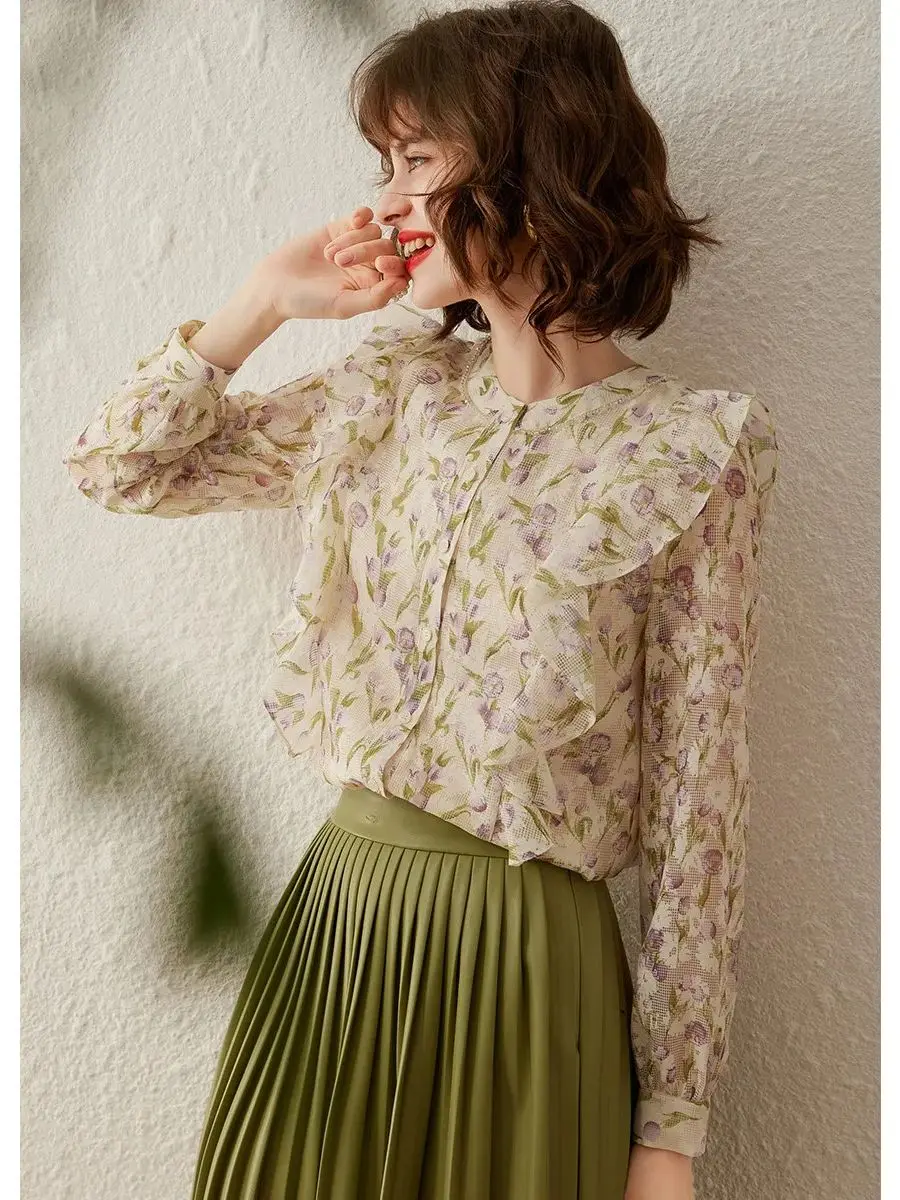 LOUIS YAO Women Shirt 2024 Spring New Arrival Flounce Printed Floral Shirt Round Neck Long Sleeve Elegant Blouse Top