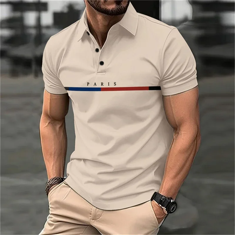 Hot Selling Boutique Men\'s Polo T-shirt Fashionable Street Lapel Button Up Shirt Breathable Comfortable Short Sleeve O-neck Top