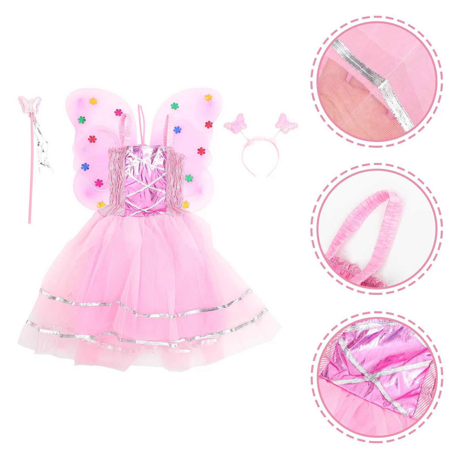 

4Pcs Butterfly Wings Dress Set Kids Sling Skirt Flower Fairy Performance Costume Pink Kids Sling Dress Performance Costume