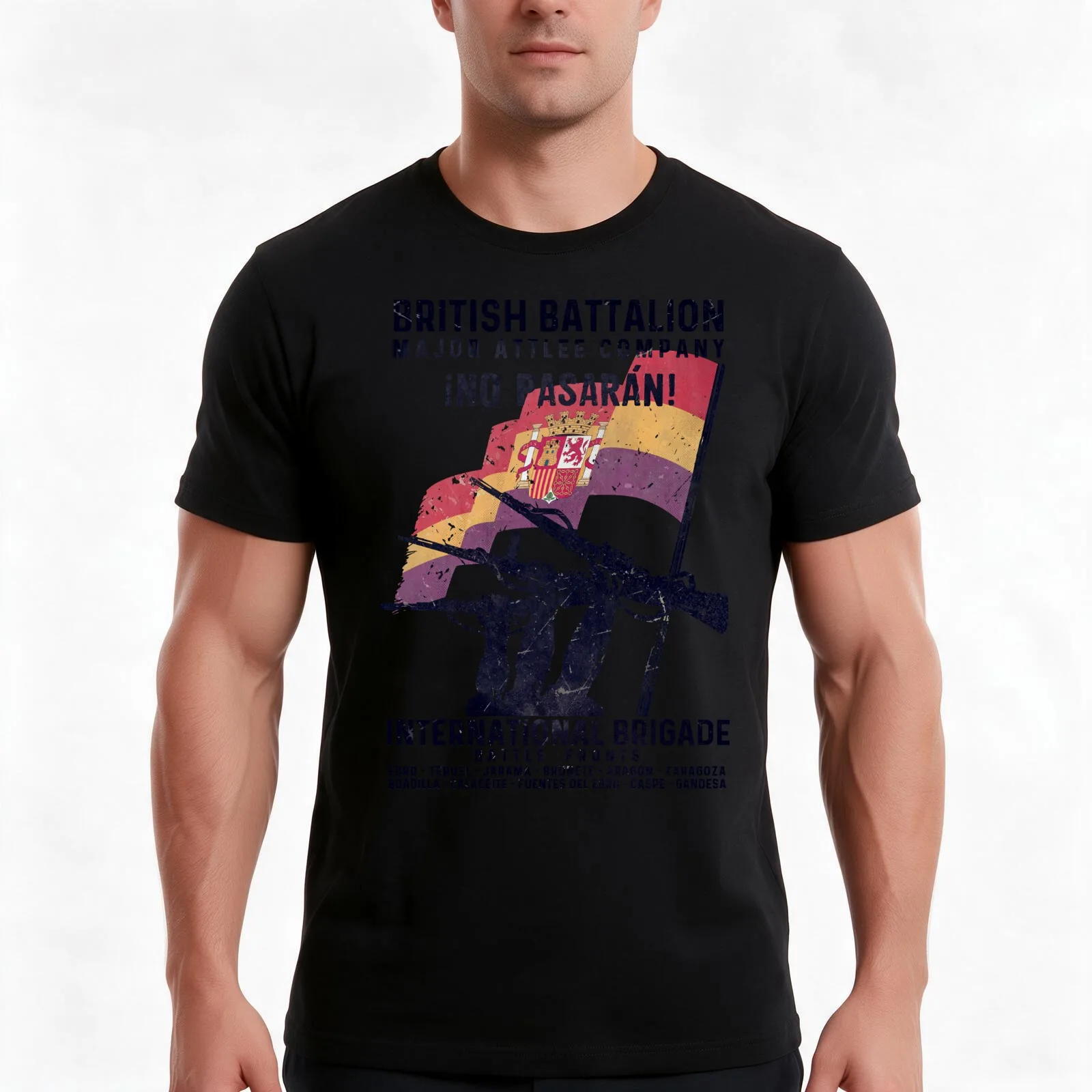British Battalion - No Pasaran T-Shirt, Summer Casual Cotton Tee, Oversized Streetwear Tops, Vintage Graphic Print, 100% Cotton