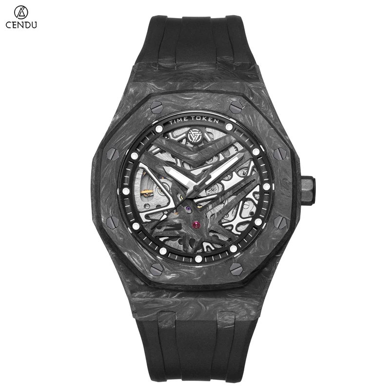 Carbon Fiber Men Watch Limited Edition 42mm Skeletonized Design  Rivets See-through Back Water Resistant Rubber Strap