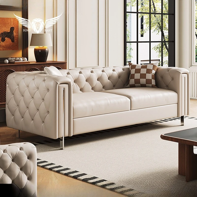 

French light luxury leather sofa hand-pulled buckle modern American living room furniture simple wind size apartment model room