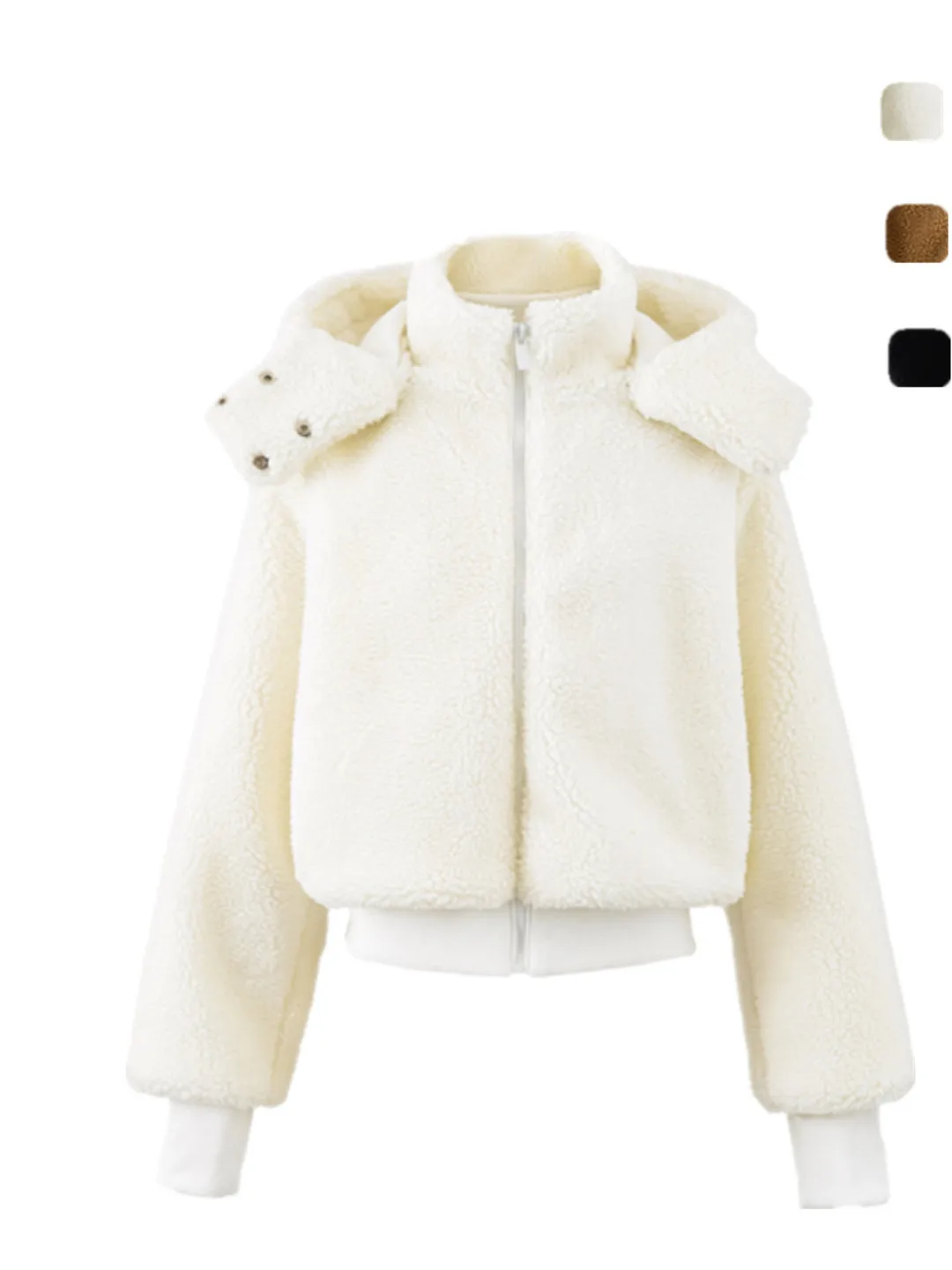 

Retro American Style Short Lamb Fur Jacket with Hood Slimming Waist Design Warm All-Match Women's Casual Coat Winter Outerwear