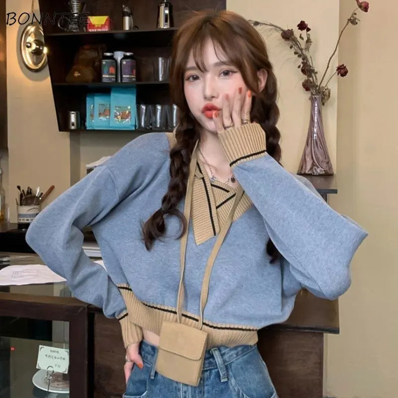 

Pullovers Women Patchwork V-neck Long Sleeve Loose Crop Top Design Harajuku Sweater Fashion Aesthetic All-match Chandails Retro