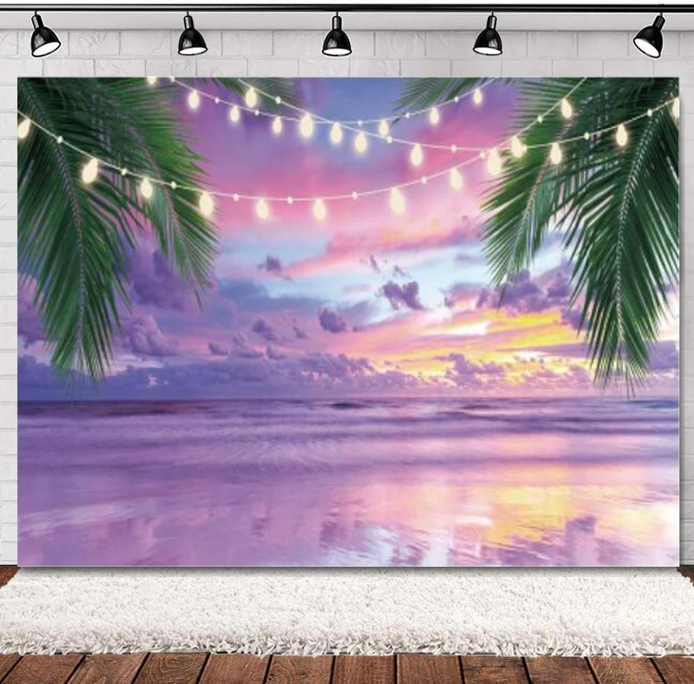 

Summer Tropical Purple Sea Beach Photography Backdrop Sunset Hawaiian Seaside Ocean Background For Wedding Birthday Party Banner