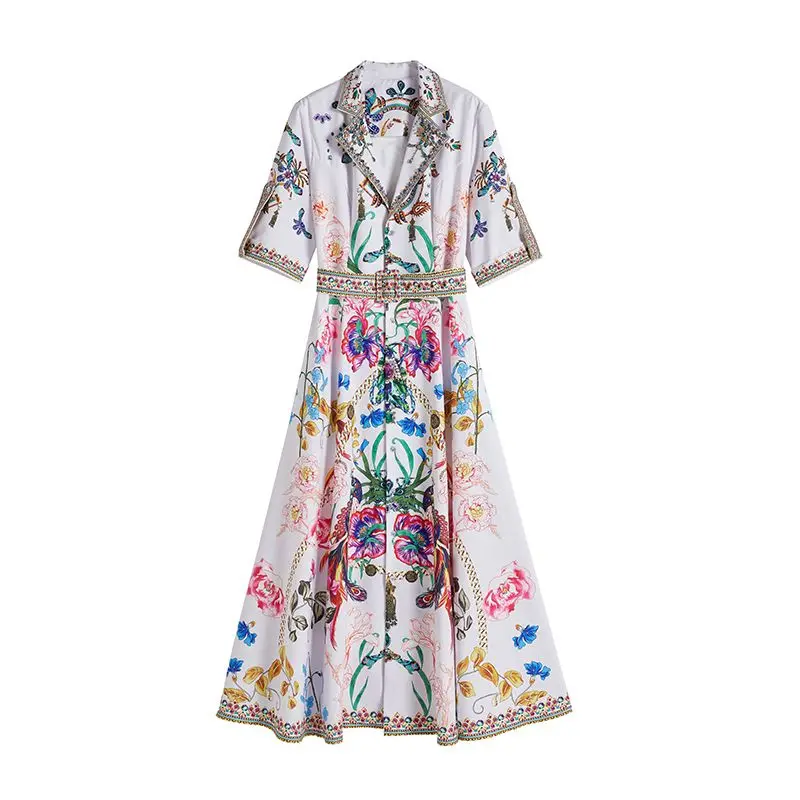 2023 Fashion Designer Runway Crystal Beading Summer Dress Women's Notched Collar Floral Print Single Breasted Long Vestidos