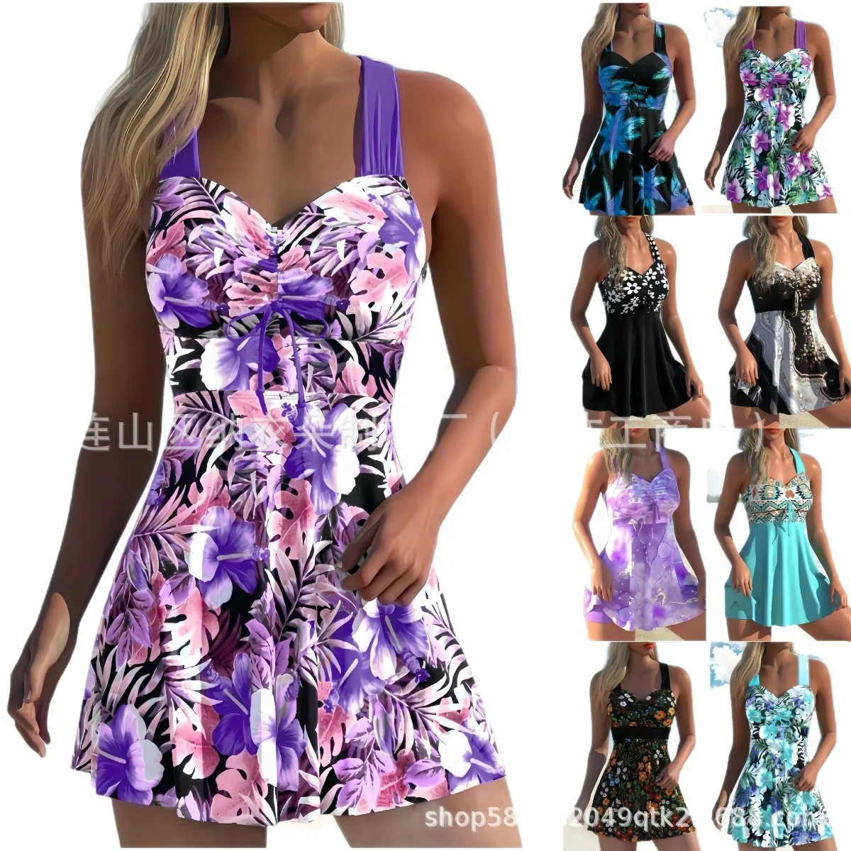 Woman Tankini Floral Print Sleeveless Tankini Top High Waist Bikini Set Halter Strap Two Piece Swimsuit Turquoise Solid Stretchy