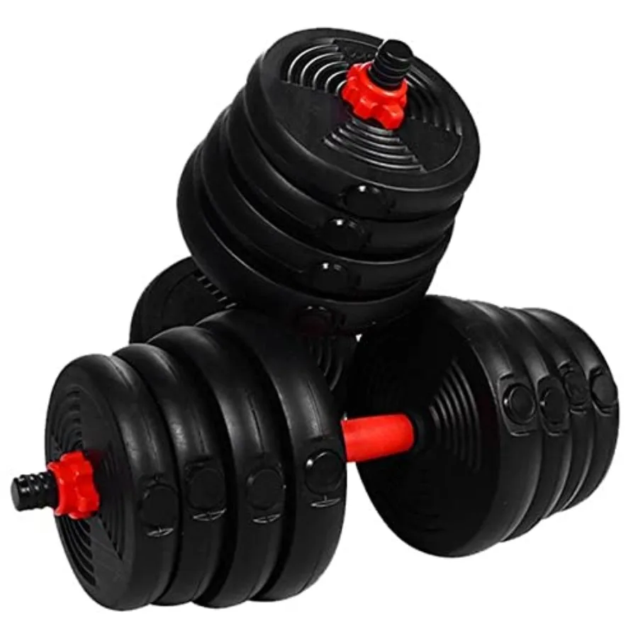 A Pair of 35lb Dumbbell Weight Set for home gym use, cast iron with black epoxy coating, ergonomic knurled handle for secure gr