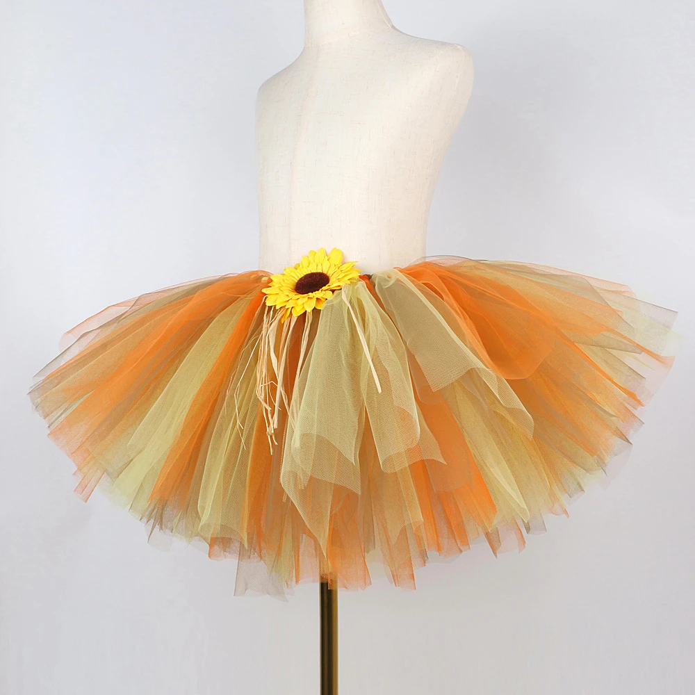 Fall Sunflower Tutu Skirt for Girls Thanksgiving Outfit Kids Scarecrow Halloween Costumes with Witch Hat Children Fluffy Tutus