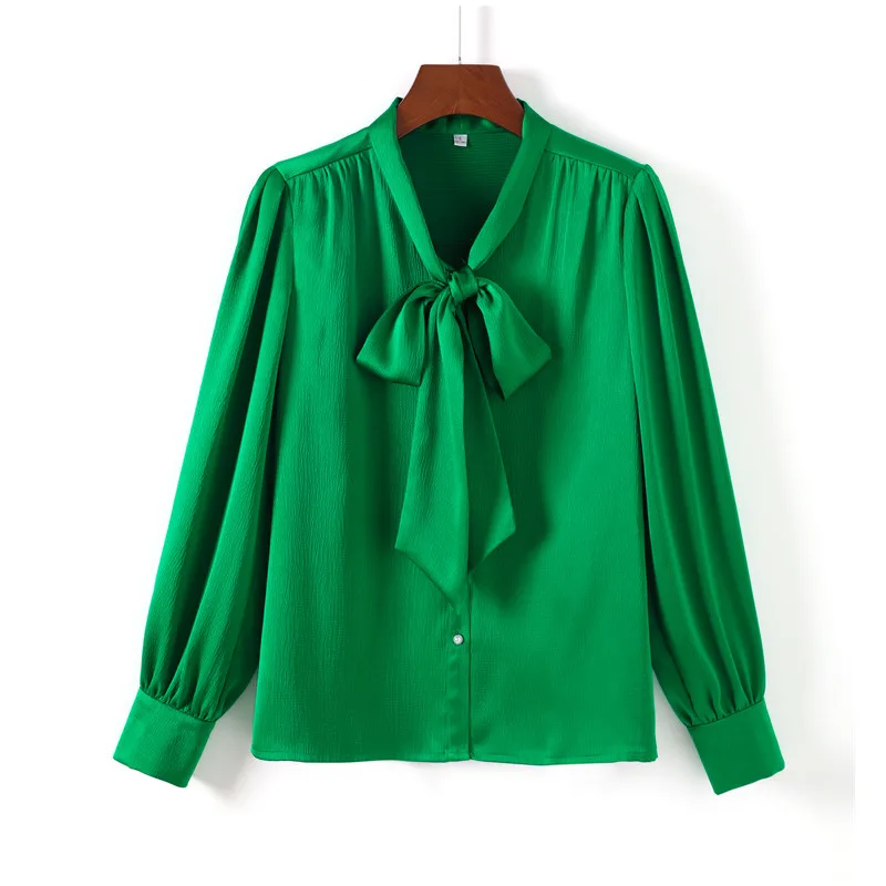 Green Shirt Women Bow Design 2022 New Fashion Temperament Loose Formal Satin Blouses Office Ladies Work Clothes Tops White