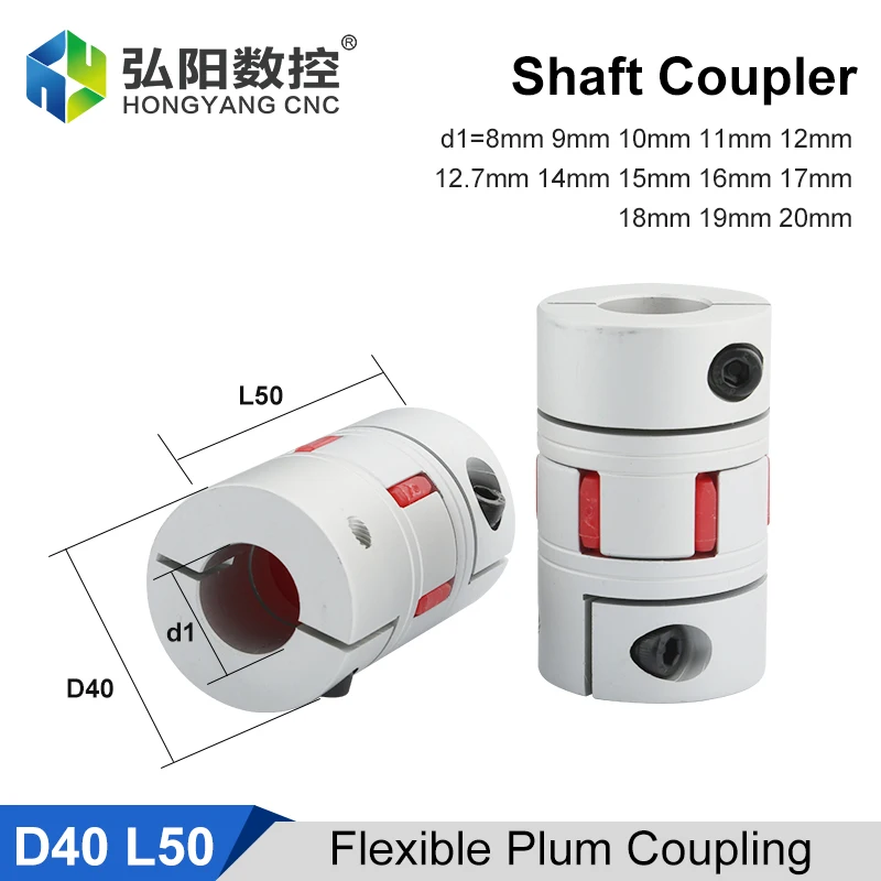 Kopling Plum CNC D40 L50 konektor Motor sekrup enkoder elastis torsi tinggi aluminium 8/10/12/12.7/14/15/16/18/19/20/22mm