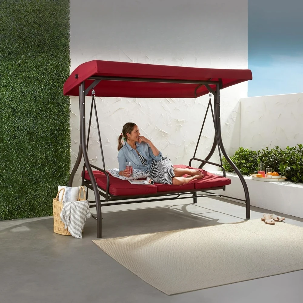 3-Seat Outdoor Large Converting Canopy Swing Glider, Patio Hammock Lounge Chair for Porch, Backyard w/Flatbed